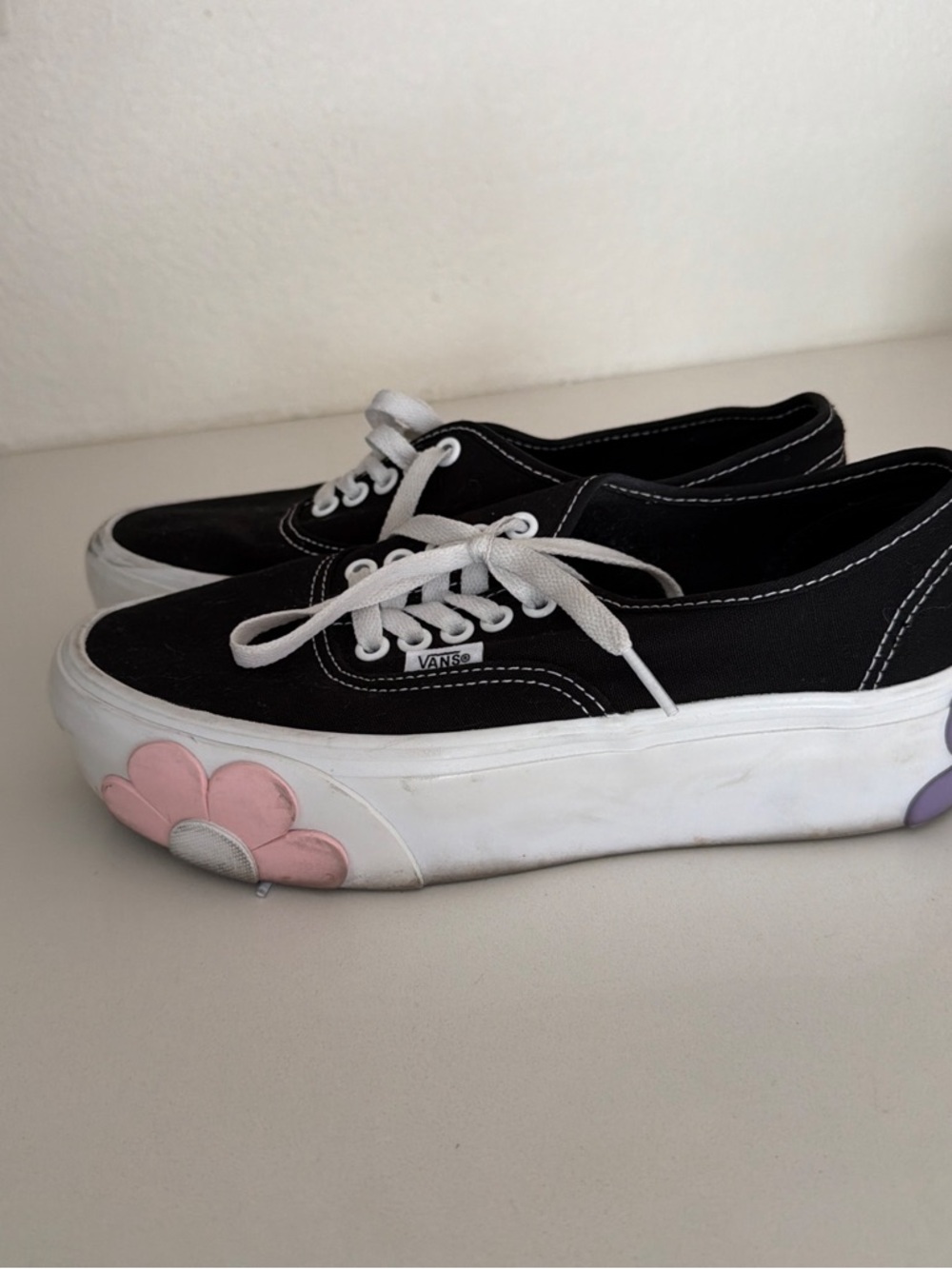 Vans Black Canvas Sneakers with White Soles and Floral Accents - Picture 2 of 5
